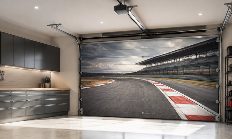Racing circuit artwork applied to a garage entrance