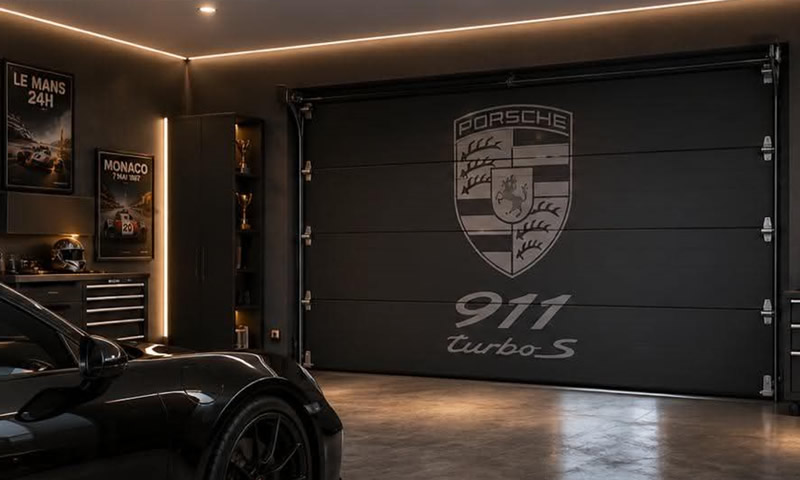 Custom crest and stripe artwork applied to a premium garage entrance