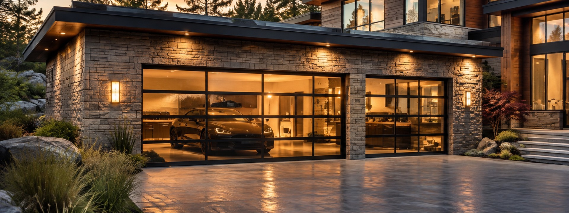 Modern villa with illuminated garage entrance