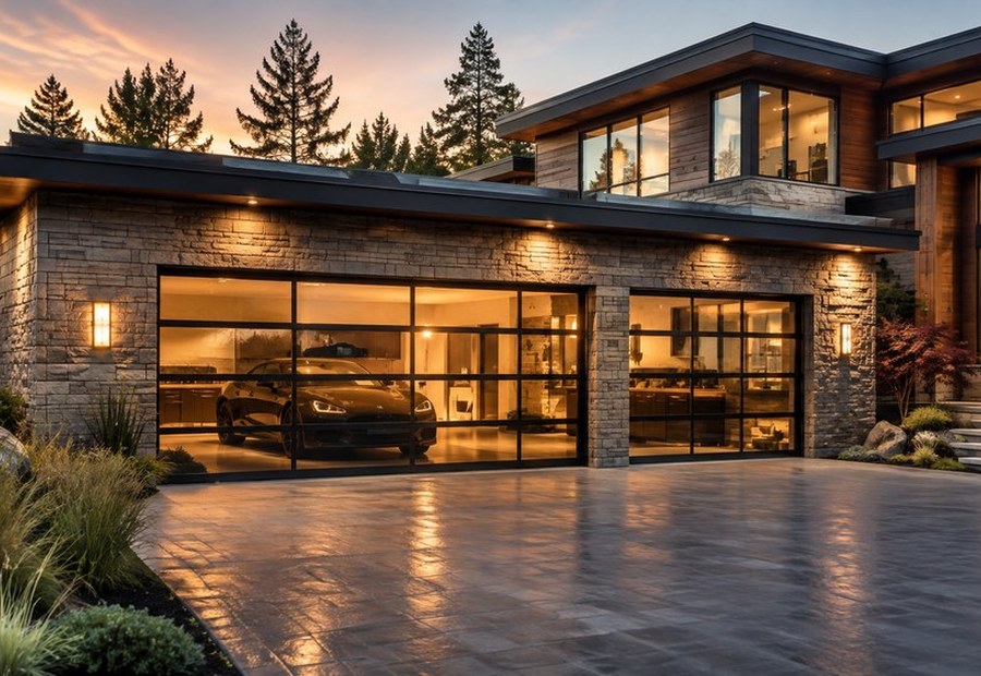 Glazed garage door with modern architectural details