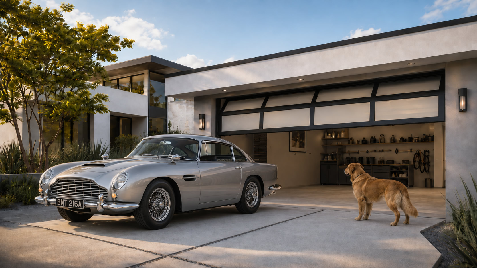 Contemporary home with panoramic GSA Vision sectional garage doors