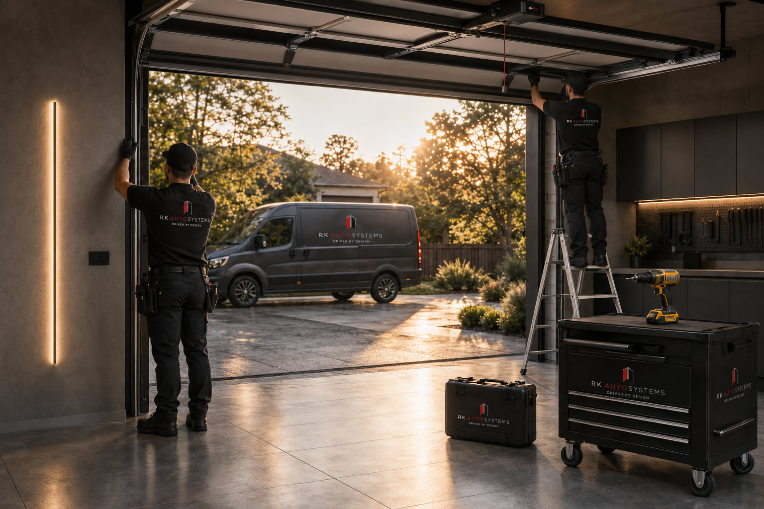 RK Auto technician precisely aligning a premium garage entrance