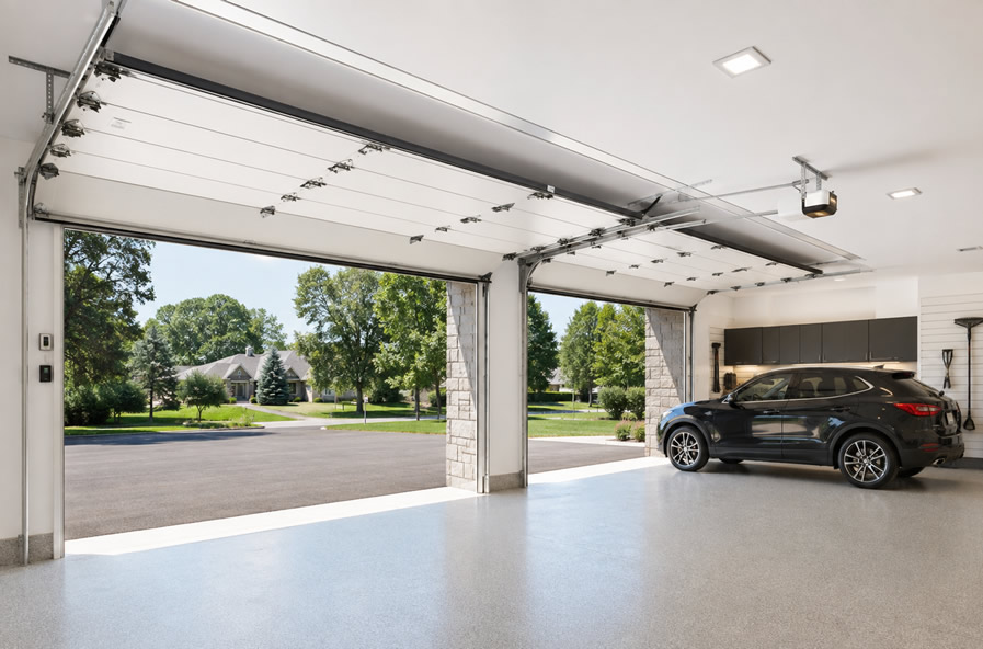 Vehicle parked close to a vertically opening garage door