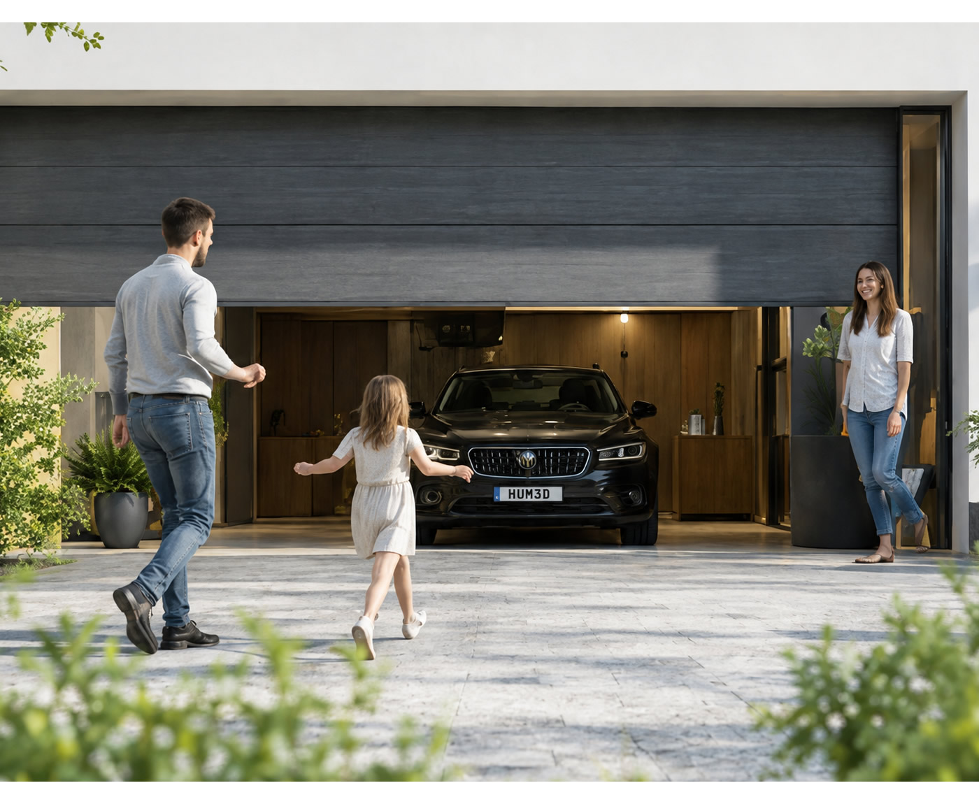 Family arriving home through a premium RK Auto garage entrance