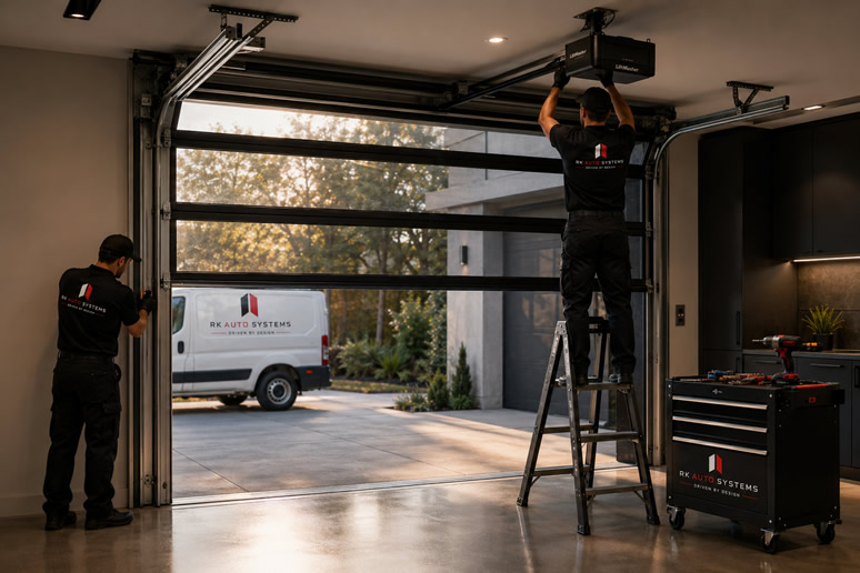 Professional garage door installation in progress