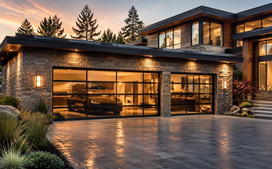 Glazed garage entrance with warm interior light