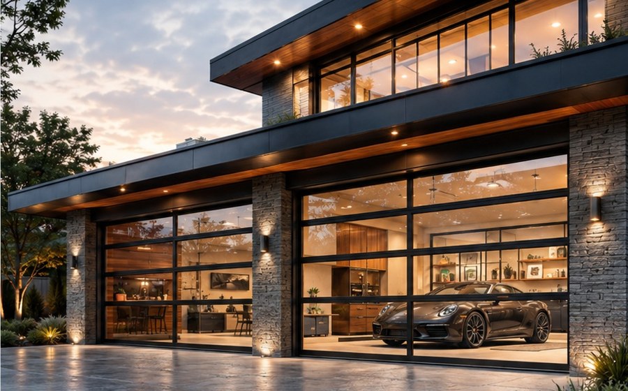 Full-width glazed garage door from the interior