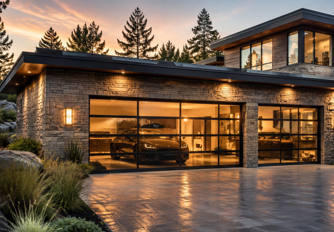 Full-width SLX Vision garage door opening to a bright modern interior