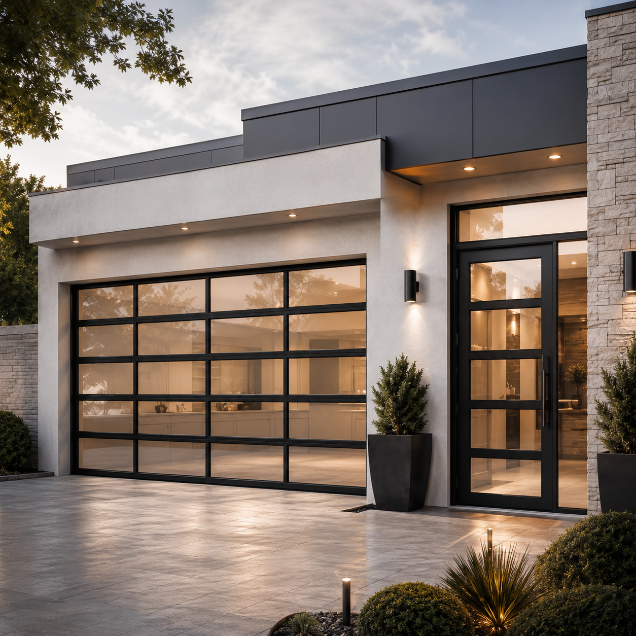 Modern home with a dark solid sectional garage door