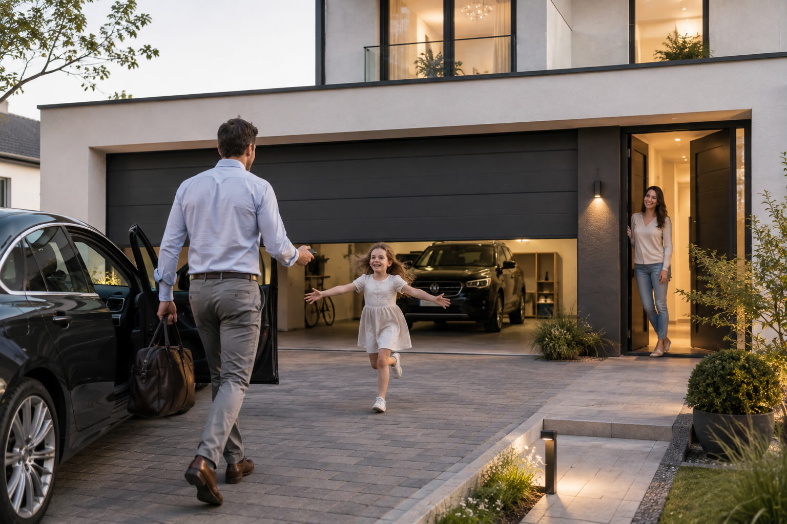A family arriving home through a premium RK Auto garage entrance