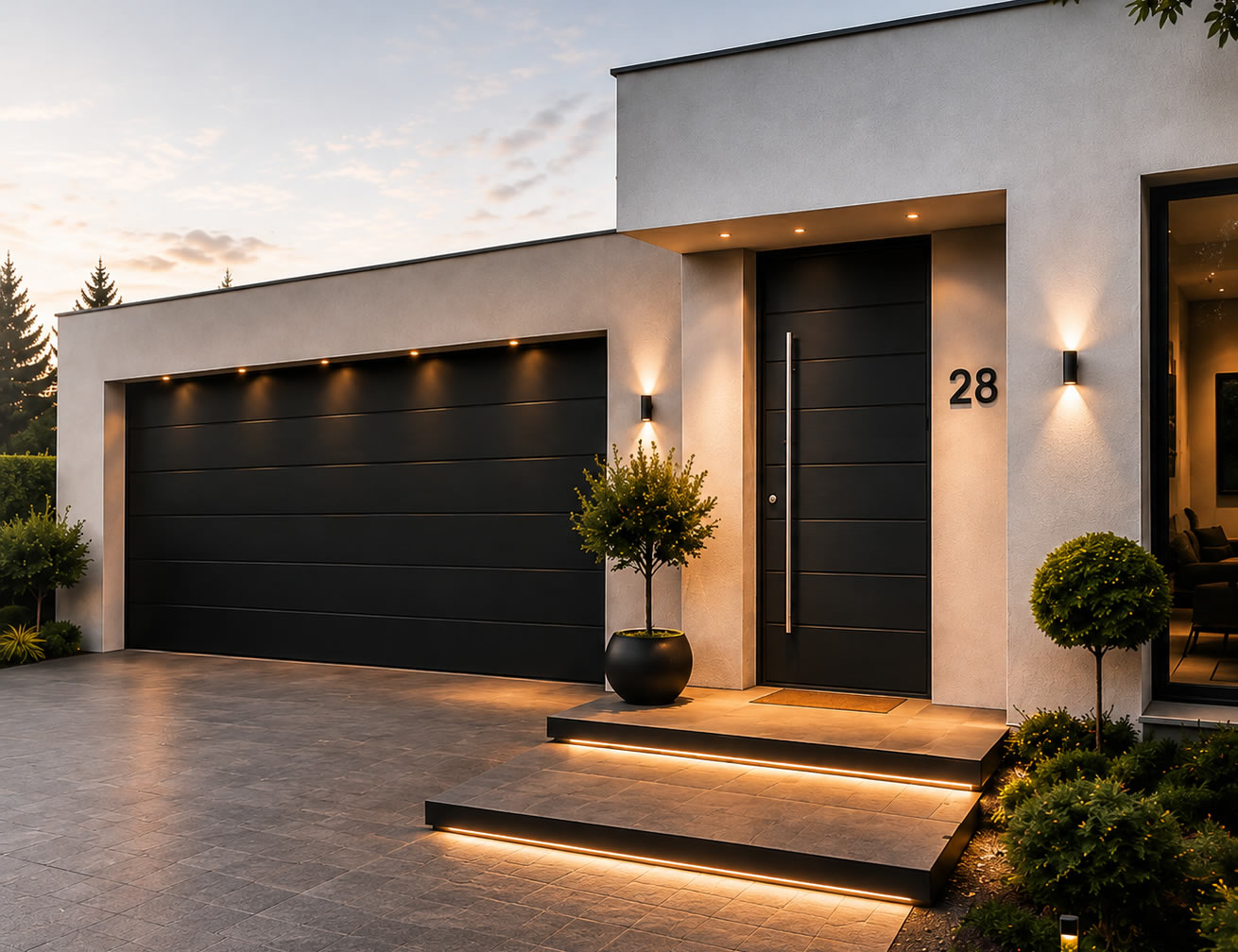 Matching premium entrance and garage doors integrated into modern architecture
