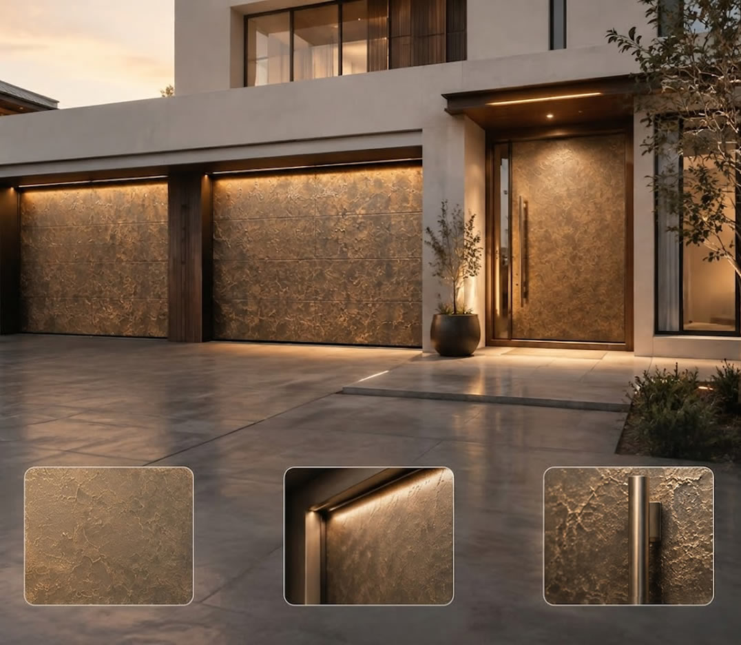 Matching entrance and garage doors with exclusive liquid metal finishes