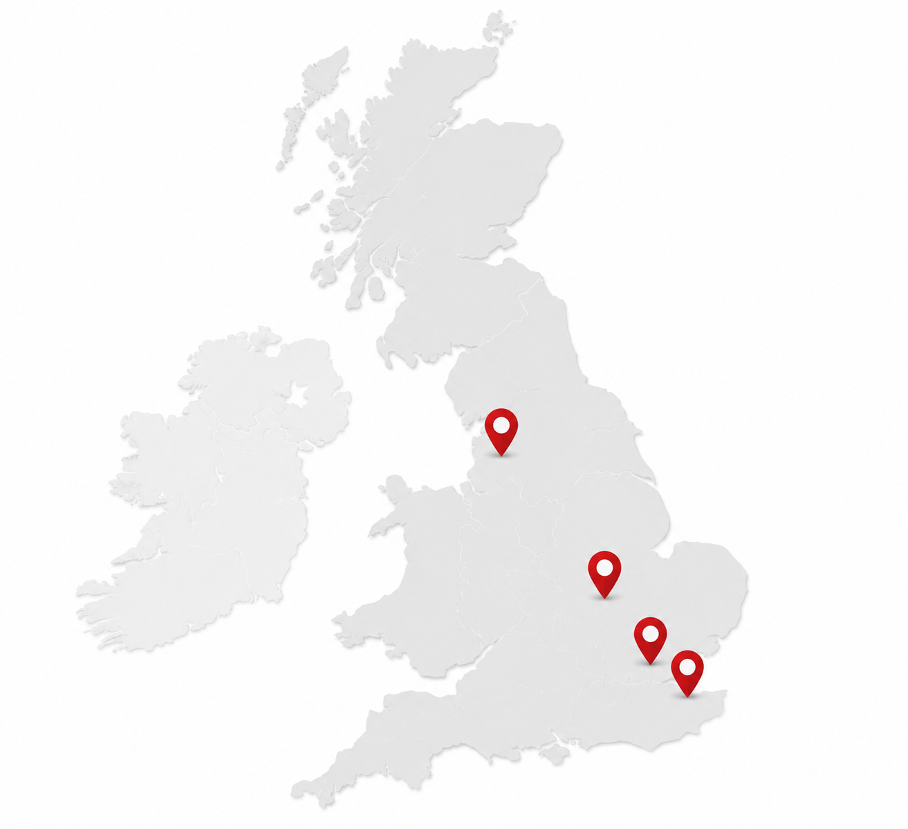 Map showing RK Door Systems showroom locations in the United Kingdom