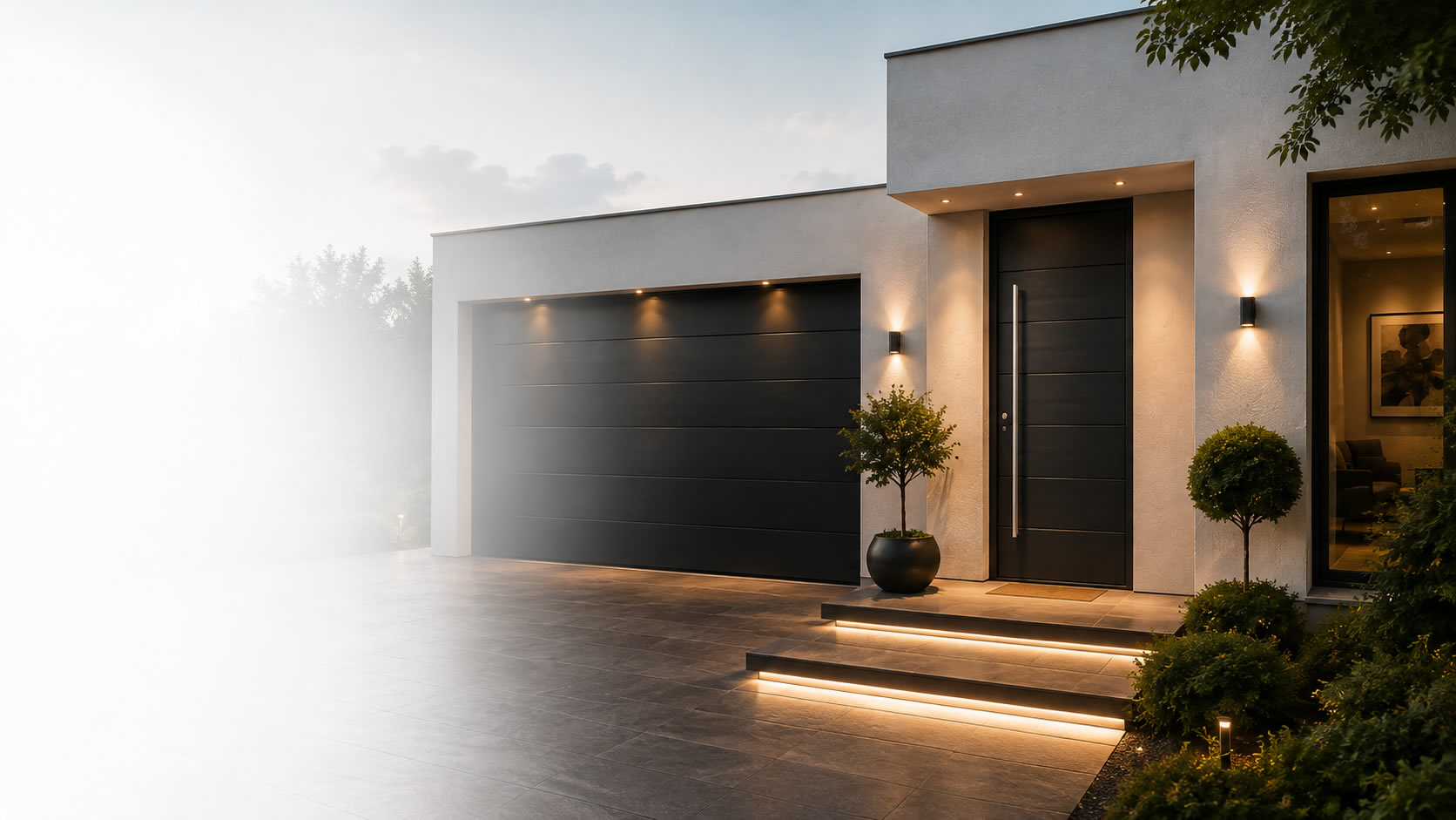 Modern home with matching RK Auto garage and entrance doors
