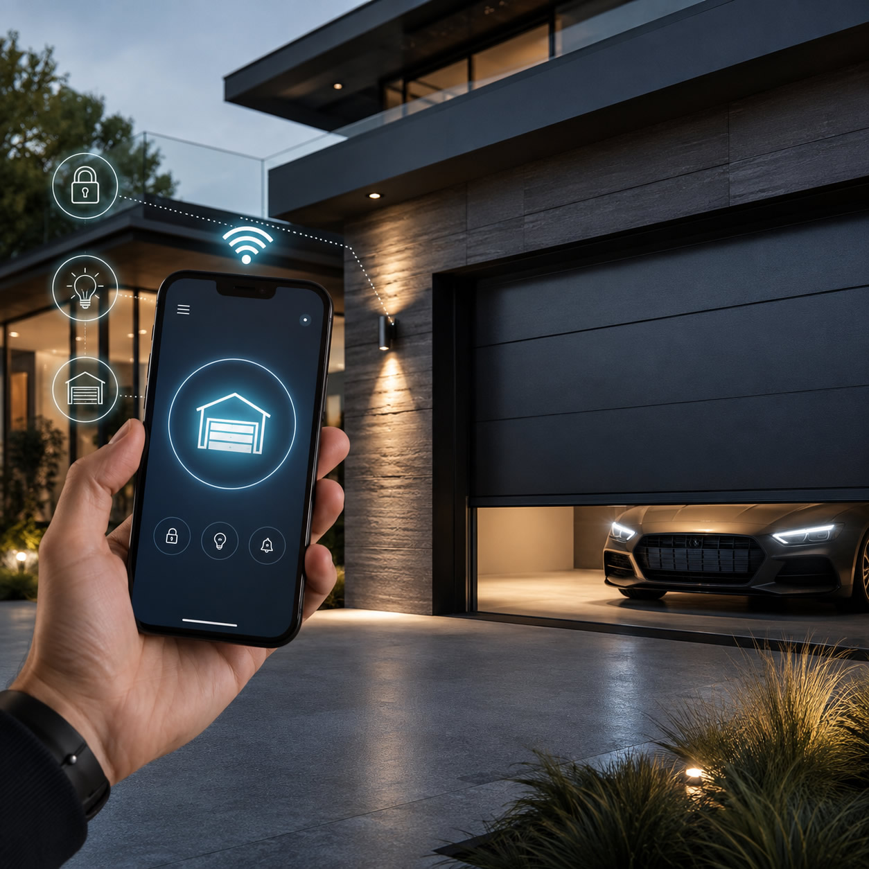 Smartphone controlling an RK Auto garage door